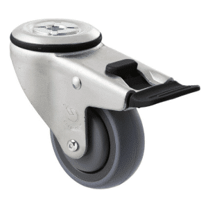 M Series castor, energy absorbent, 75mm grey rubber wheel (tall profile), precision bearing, swivel bolt hole, total brake, Chicago screw axle black seal & pedal, 100 kg load rating