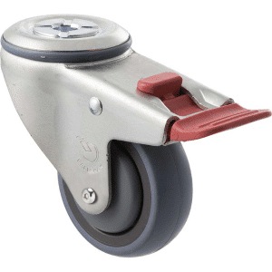 M Series castor, energy absorbent, 75mm grey rubber wheel (tall profile), precision bearing, swivel bolt hole, total brake, Chicago screw axle, 100 kg load rating