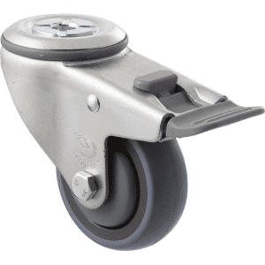M Series castor, energy absorbent, 75mm grey rubber wheel (tall profile), precision bearing, swivel bolt hole, total brake, grey seal & pedal, 100 kg load rating