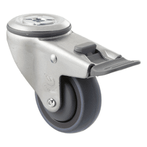 M Series castor, energy absorbent, 75mm grey rubber wheel (tall profile), precision bearing, swivel bolt hole, total brake, Chicago screw axle grey seal & pedal, 100 kg load rating