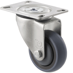 M Series castor, energy absorbent, 75mm grey rubber wheel (tall profile), precision bearing, swivel plate, black seal & pedal, 100 kg load rating