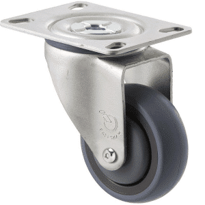 M Series castor, energy absorbent, 75mm grey rubber wheel (tall profile), precision bearing, swivel plate, Chicago screw axle, 100 kg load rating