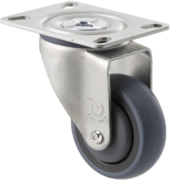 M Series castor, energy absorbent, 75mm grey rubber wheel (tall profile), precision bearing, swivel plate, Chicago screw axle, 100 kg load rating 1 M Series castor, energy absorbent, 75mm grey rubber wheel (tall profile), precision bearing, swivel plate, Chicago screw axle, 100 kg load rating