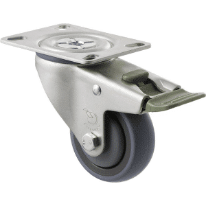 M Series castor, energy absorbent, 75mm grey rubber wheel (tall profile), precision bearing, swivel plate, direction lock, 100 kg load rating