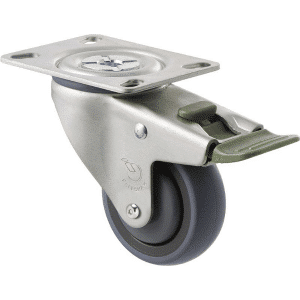 M Series castor, energy absorbent, 75mm grey rubber wheel (tall profile), precision bearing, swivel plate, direction lock, Chicago screw axle, 100 kg load rating
