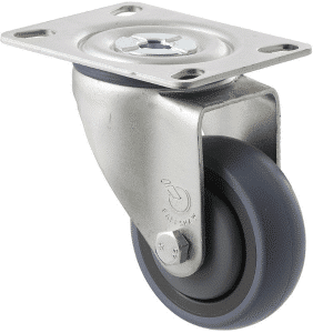 M Series castor, energy absorbent, 75mm grey rubber wheel (tall profile), precision bearing, swivel North American (NA) plate, 100 kg load rating