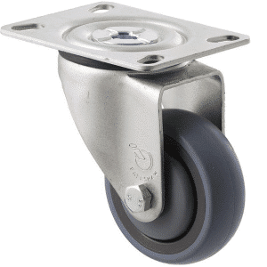 M Series castor, energy absorbent, 75mm grey rubber wheel (tall profile), precision bearing, swivel North American (NA) plate, black seal & pedal, 100 kg load rating