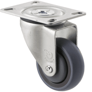 M Series castor, energy absorbent, 75mm grey rubber wheel (tall profile), precision bearing, swivel North American (NA) plate, Chicago screw axle black seal & pedal, 100 kg load rating