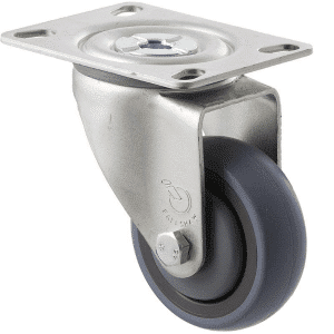 M Series castor, energy absorbent, 75mm grey rubber wheel (tall profile), precision bearing, swivel North American (NA) plate, grey seal & pedal, 100 kg load rating