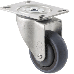 M Series castor, energy absorbent, 75mm grey rubber wheel (tall profile), precision bearing, swivel North American (NA) plate, Chicago screw axle grey seal & pedal, 100 kg load rating