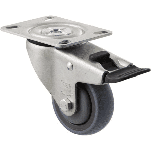 M Series castor, energy absorbent, 75mm grey rubber wheel (tall profile), precision bearing, swivel North American (NA) plate, total brake, black seal & pedal, 100 kg load rating