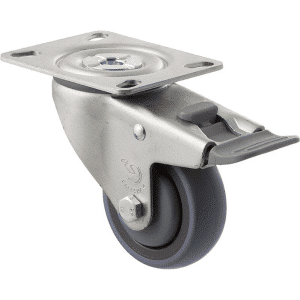 M Series castor, energy absorbent, 75mm grey rubber wheel (tall profile), precision bearing, swivel North American (NA) plate, total brake, grey seal & pedal, 100 kg load rating