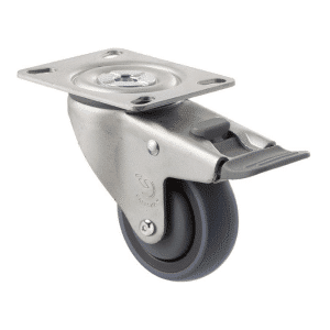 M Series castor, energy absorbent, 75mm grey rubber wheel (tall profile), precision bearing, swivel North American (NA) plate, total brake, Chicago screw axle grey seal & pedal, 100 kg load rating