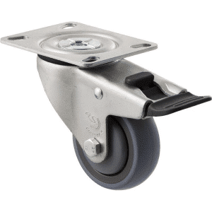 M Series castor, energy absorbent, 75mm grey rubber wheel (tall profile), precision bearing, swivel plate, total brake, black seal & pedal, 100 kg load rating