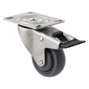 M Series castor, energy absorbent, 75mm grey rubber wheel (tall profile), precision bearing, swivel plate, total brake, Chicago screw axle black seal & pedal, 100 kg load rating