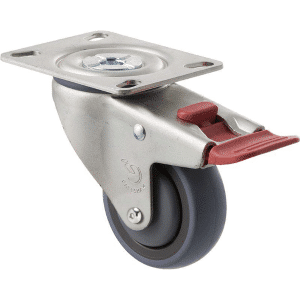 M Series castor, energy absorbent, 75mm grey rubber wheel (tall profile), precision bearing, swivel plate, total brake, Chicago screw axle, 100 kg load rating