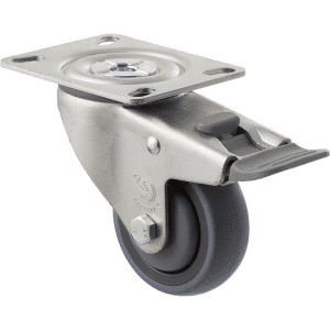 M Series castor, energy absorbent, 75mm grey rubber wheel (tall profile), precision bearing, swivel plate, total brake, grey seal & pedal, 100 kg load rating