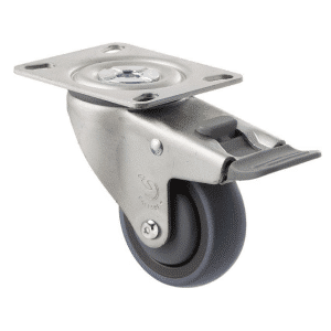 M Series castor, energy absorbent, 75mm grey rubber wheel (tall profile), precision bearing, swivel plate, total brake, Chicago screw axle grey seal & pedal, 100 kg load rating