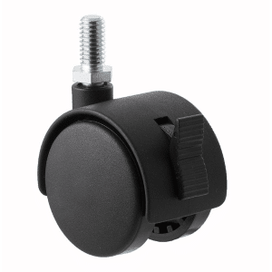 Twin wheel plastic 50mm, swivel wheel brake castor, 3/8 inch x 19mm thread stem, 50 kg load