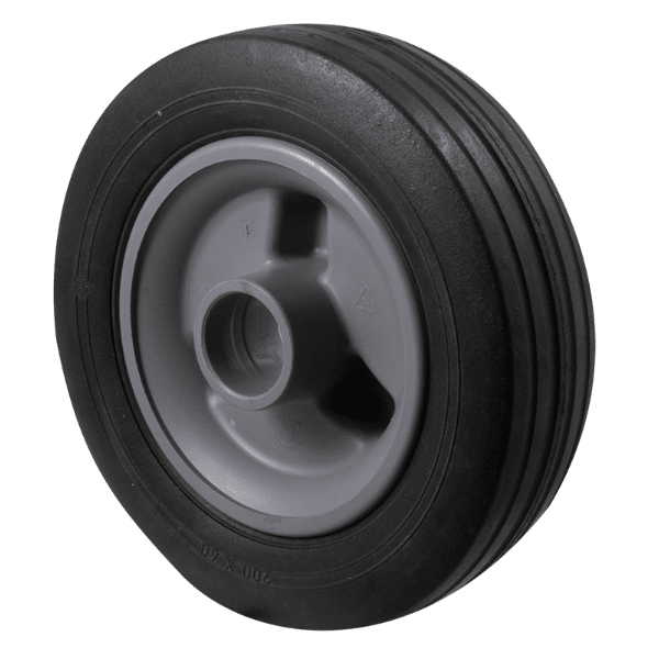General duty hand truck wheel, 200mm x 60mm black rubber, no bearing, load rating 135 kg