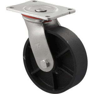 W Series castor, 150mm cast iron wheel, plain bore, swivel plate, 500 kg load rating.