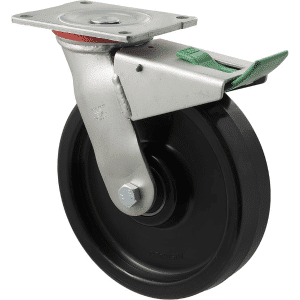 H Series castor, 200mm black nylon wheel, swivel plate castor, direction lock, 600 kg load rating.