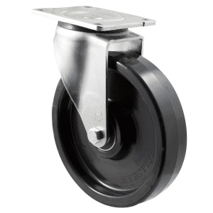 O Series castor, 200mm black nylon wheel, swivel plate, precision bearing, 600 kg load rating.