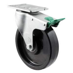 O Series castor, 200mm black nylon wheel, swivel plate, direction lock, 600 kg load rating.