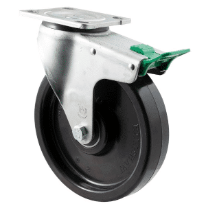 O Series castor, 200mm black nylon wheel, North American (NA) swivel plate, direction lock, 600 kg load rating.