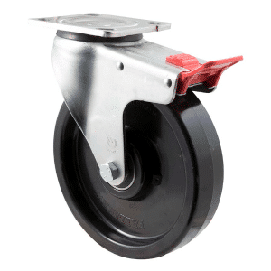 O Series castor, 200mm black nylon wheel, North American (NA) swivel plate, total brake, 600 kg load rating.