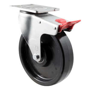 O Series castor, 200mm black nylon wheel, swivel plate, total brake, 600 kg load rating.