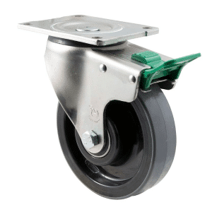 O Series castor, 150mm polyurethane tyre on nylon wheel, 600 kg load rating, zinc swivel plate, direction lock.
