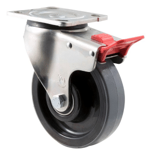 O Series castor, 150mm polyurethane tyre on nylon wheel, 600 kg load rating, North American (NA) swivel plate, total brake.