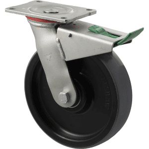 H Series castor, 200x40mm polyurethane wheel, 600 kg load rating, zinc swivel plate, direction lock.