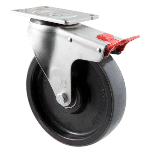 O Series castor, 200x40mm polyurethane wheel, 600 kg load rating, swivel plate, total brake.
