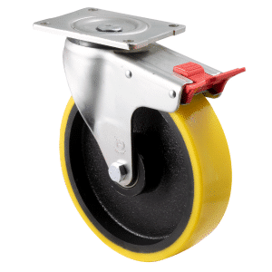 X Series castor, 203mm polyurethane tyre on cast iron wheel, heavy duty industrial, precision bearing, North American (NA) swivel plate braking, 50mm tread, 500 kg load rating