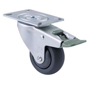 M Series castor, 75mm polyurethane on nylon wheel, plain bearing, swivel plate, direction lock, Chicago screw axle, Bluestone thread guard, 200 kg load
