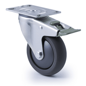 M Series castor, 100mm polyurethane on nylon wheel, swivel plate, direction lock, Bluestone thread guard, 200 kg load