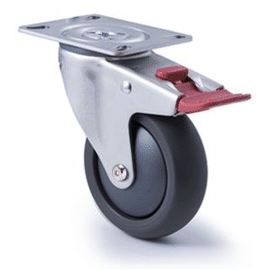 M Series castor, 100mm polyurethane on nylon wheel, swivel plate, total brake, Chicago screw axle, Bluestone thread guard, 200 kg load