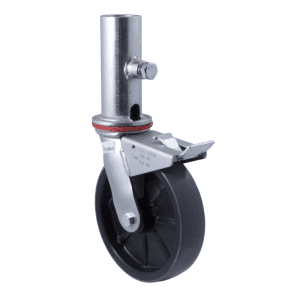 Scaffold castor, 200mm PU tyre on nylon wheel, 51mm socket mount to fit over 48.3mm tubes, load rating 500kg