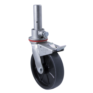 Scaffold castor, 200mm PU tyre on nylon wheel, 38mm solid stem with fully welded cup, load rating 500kg. Suits 38.5mm ID tube.